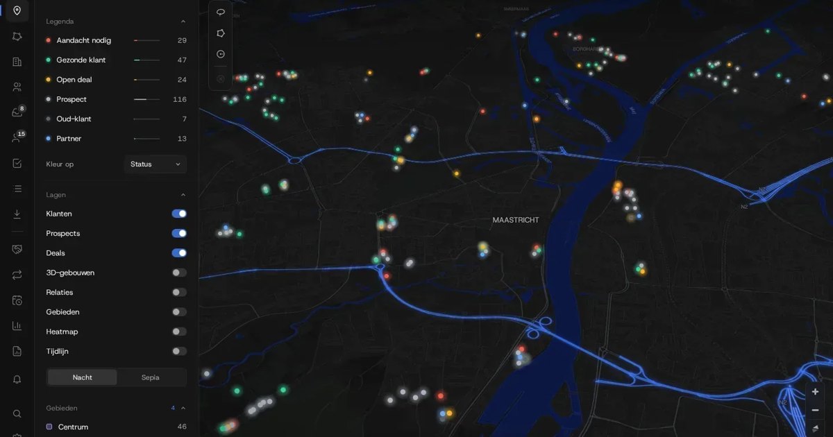 Kaart van Maastricht in Sonar met klanten als gekleurde stippen per status