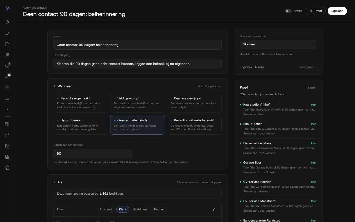 Automatiseringsregel in proefdraaimodus met de records die hij zou raken
