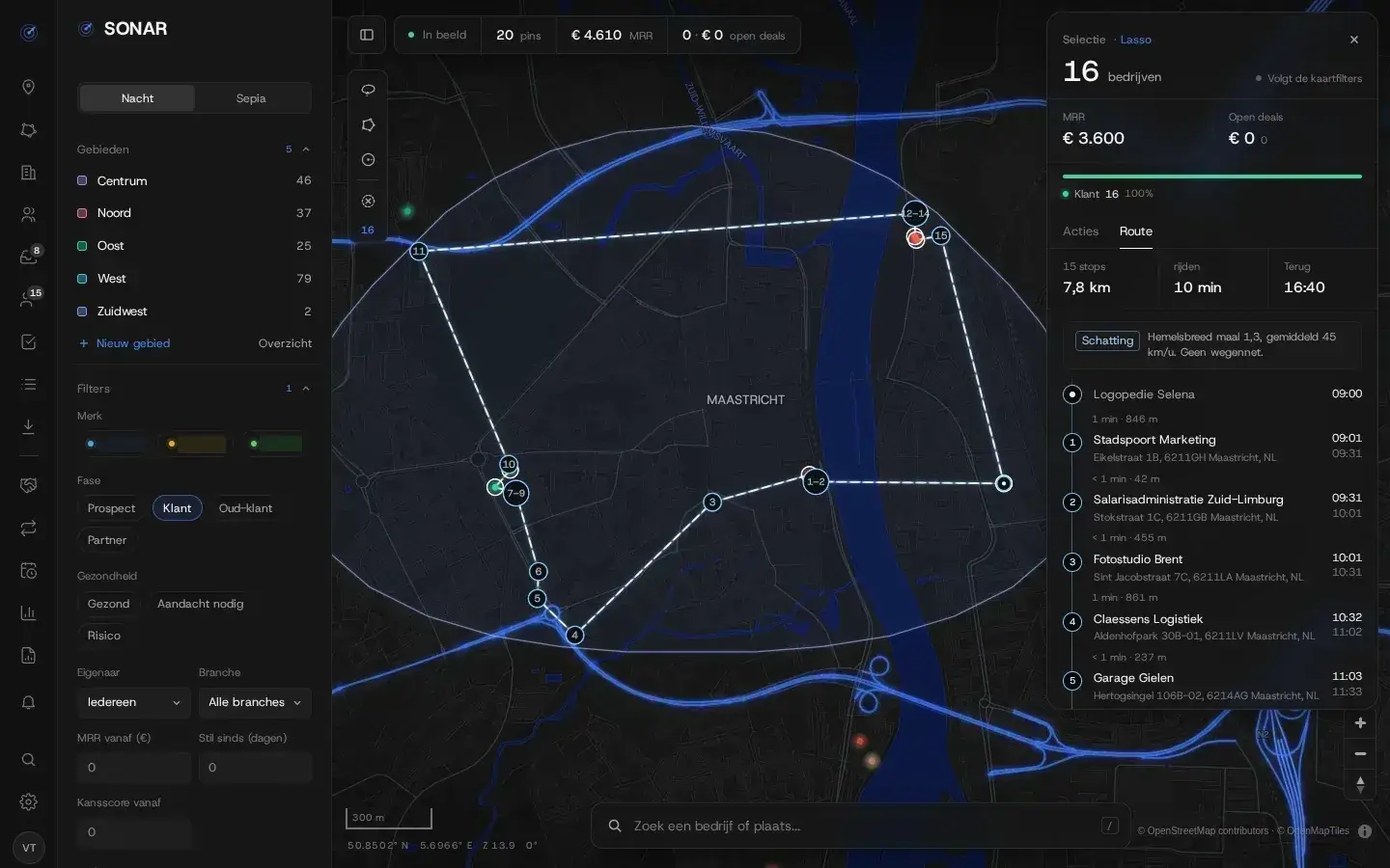 Bezoekroute langs geselecteerde klanten met rijtijden